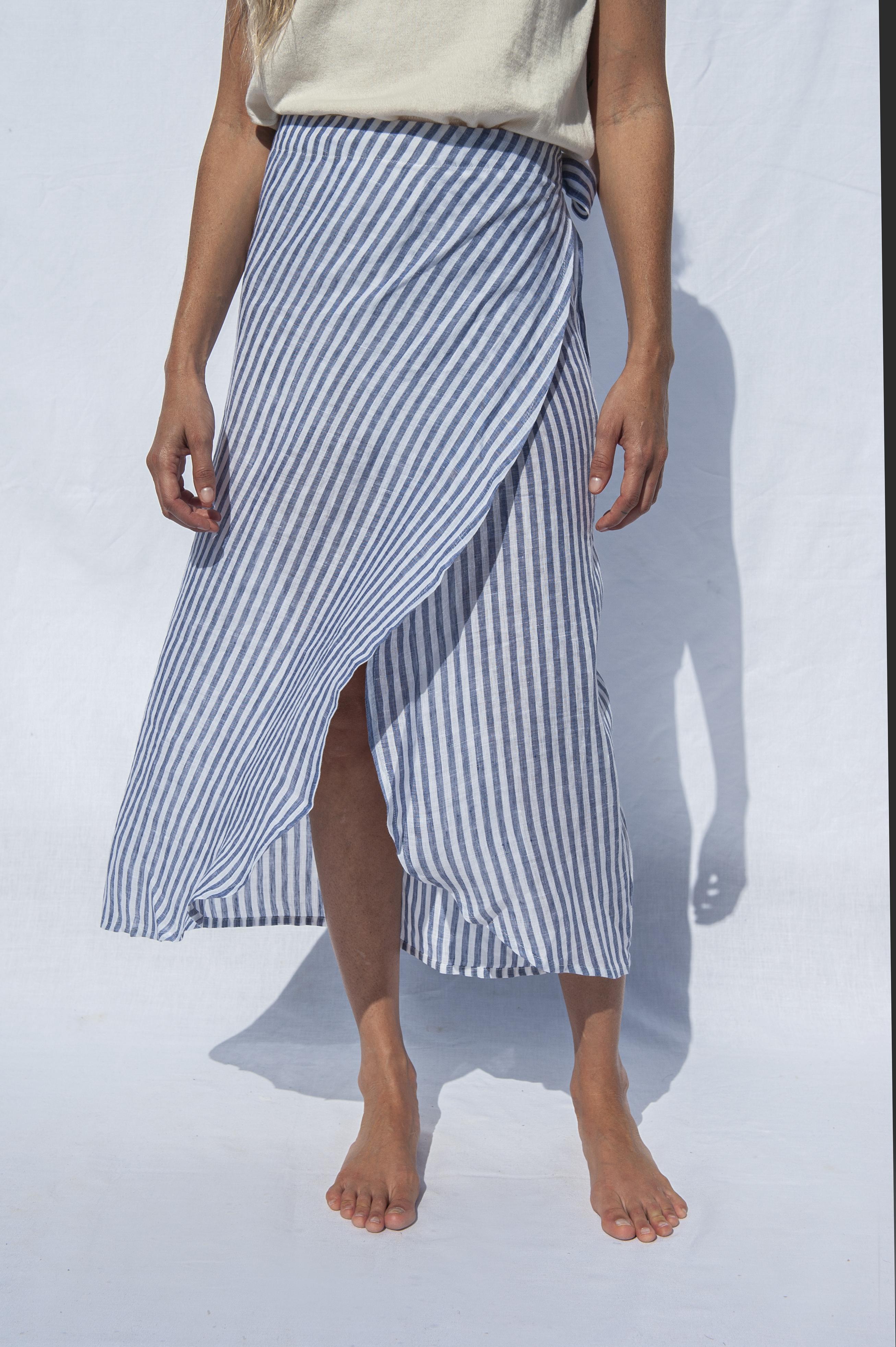 Linen Wrap Skirt Rio Blue-White